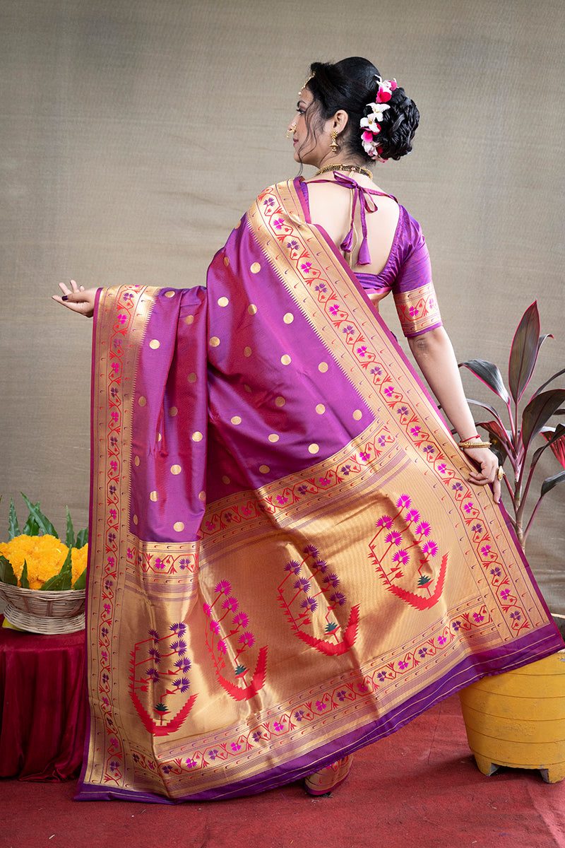 Monjolika Fashion Purple Zari Woven Paithani Silk Blend Saree With Blouse | Grocsy
