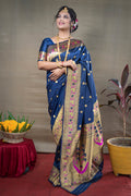 Monjolika Fashion Navy Blue Zari Woven Paithani Silk Blend Saree With Blouse | Grocsy