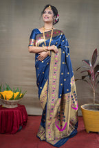 Monjolika Fashion Navy Blue Zari Woven Paithani Silk Blend Saree With Blouse | Grocsy