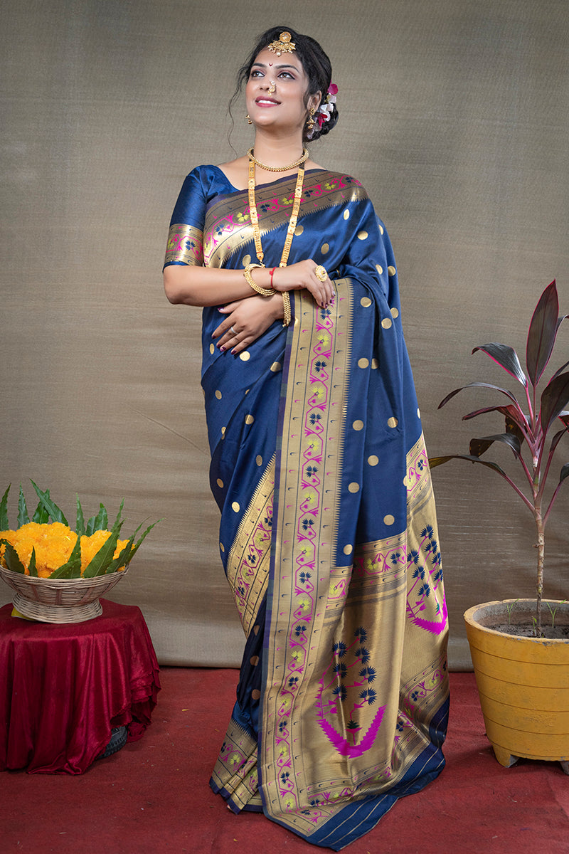 Monjolika Fashion Navy Blue Zari Woven Paithani Silk Blend Saree With Blouse | Grocsy