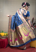 Monjolika Fashion Navy Blue Zari Woven Paithani Silk Blend Saree With Blouse | Grocsy