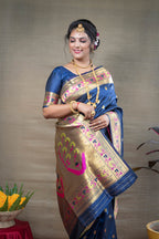Monjolika Fashion Navy Blue Zari Woven Paithani Silk Blend Saree With Blouse | Grocsy