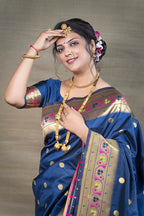 Monjolika Fashion Navy Blue Zari Woven Paithani Silk Blend Saree With Blouse | Grocsy