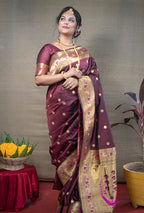 Monjolika Fashion Maroon Zari Woven Paithani Silk Blend Saree With Blouse | Grocsy