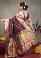 Monjolika Fashion Maroon Zari Woven Paithani Silk Blend Saree With Blouse | Grocsy