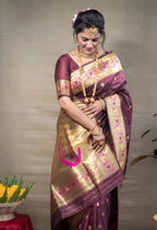 Monjolika Fashion Maroon Zari Woven Paithani Silk Blend Saree With Blouse | Grocsy
