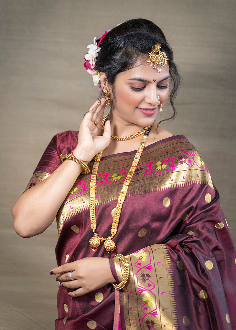 Monjolika Fashion Maroon Zari Woven Paithani Silk Blend Saree With Blouse | Grocsy