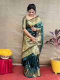 Monjolika Fashion Deep Teal Green Banarasi Silk Blend Saree With Golden Zari Work | Grocsy