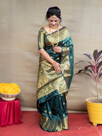 Monjolika Fashion Deep Teal Green Banarasi Silk Blend Saree With Golden Zari Work | Grocsy