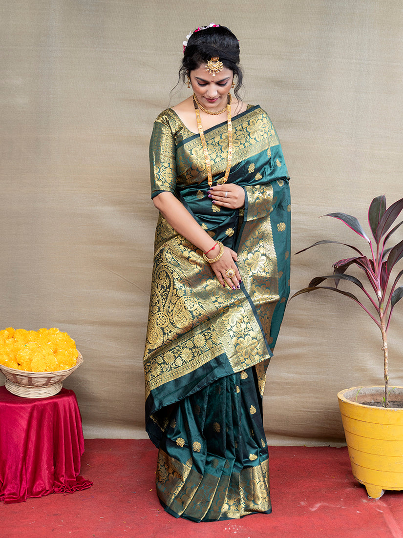 Monjolika Fashion Deep Teal Green Banarasi Silk Blend Saree With Golden Zari Work | Grocsy
