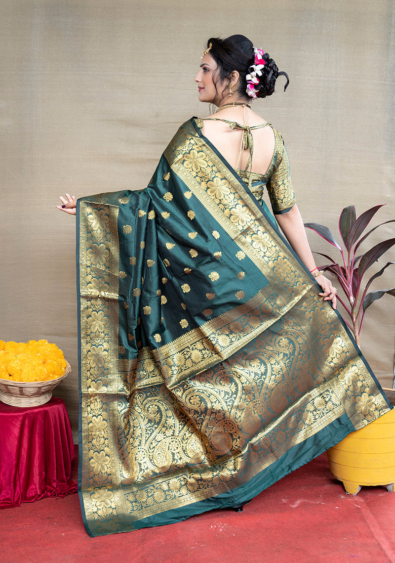 Monjolika Fashion Deep Teal Green Banarasi Silk Blend Saree With Golden Zari Work | Grocsy