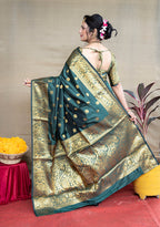 Monjolika Fashion Deep Teal Green Banarasi Silk Blend Saree With Golden Zari Work | Grocsy