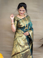 Monjolika Fashion Deep Teal Green Banarasi Silk Blend Saree With Golden Zari Work | Grocsy