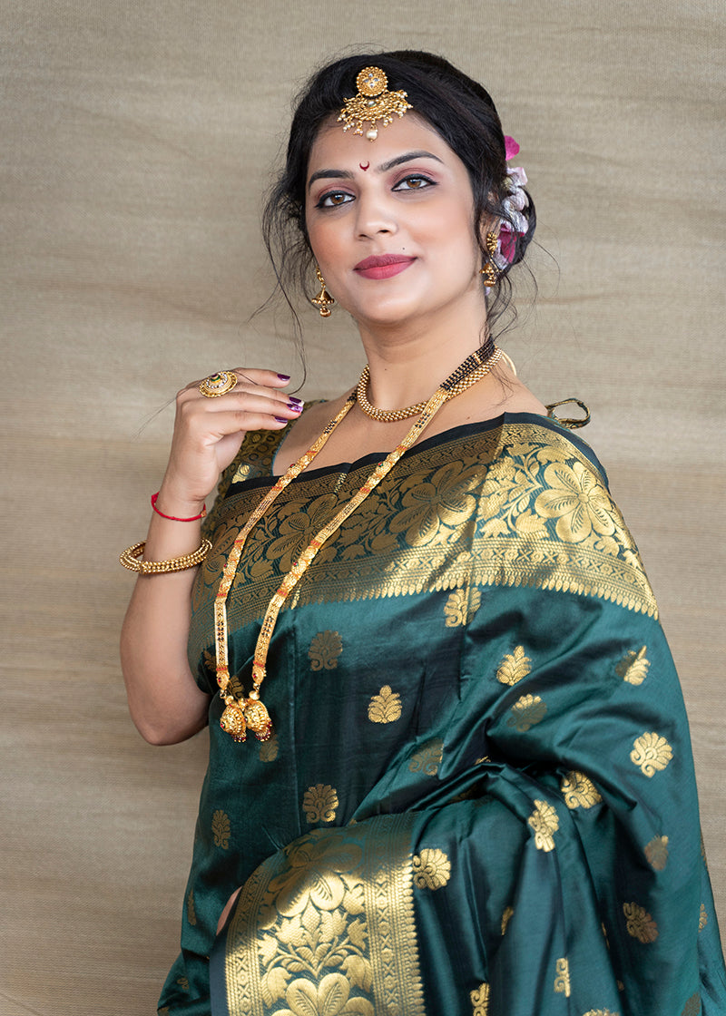 Monjolika Fashion Deep Teal Green Banarasi Silk Blend Saree With Golden Zari Work | Grocsy
