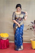 Monjolika Fashion Royal Blue Banarasi Silk Blend Saree With Golden Zari Work | Grocsy