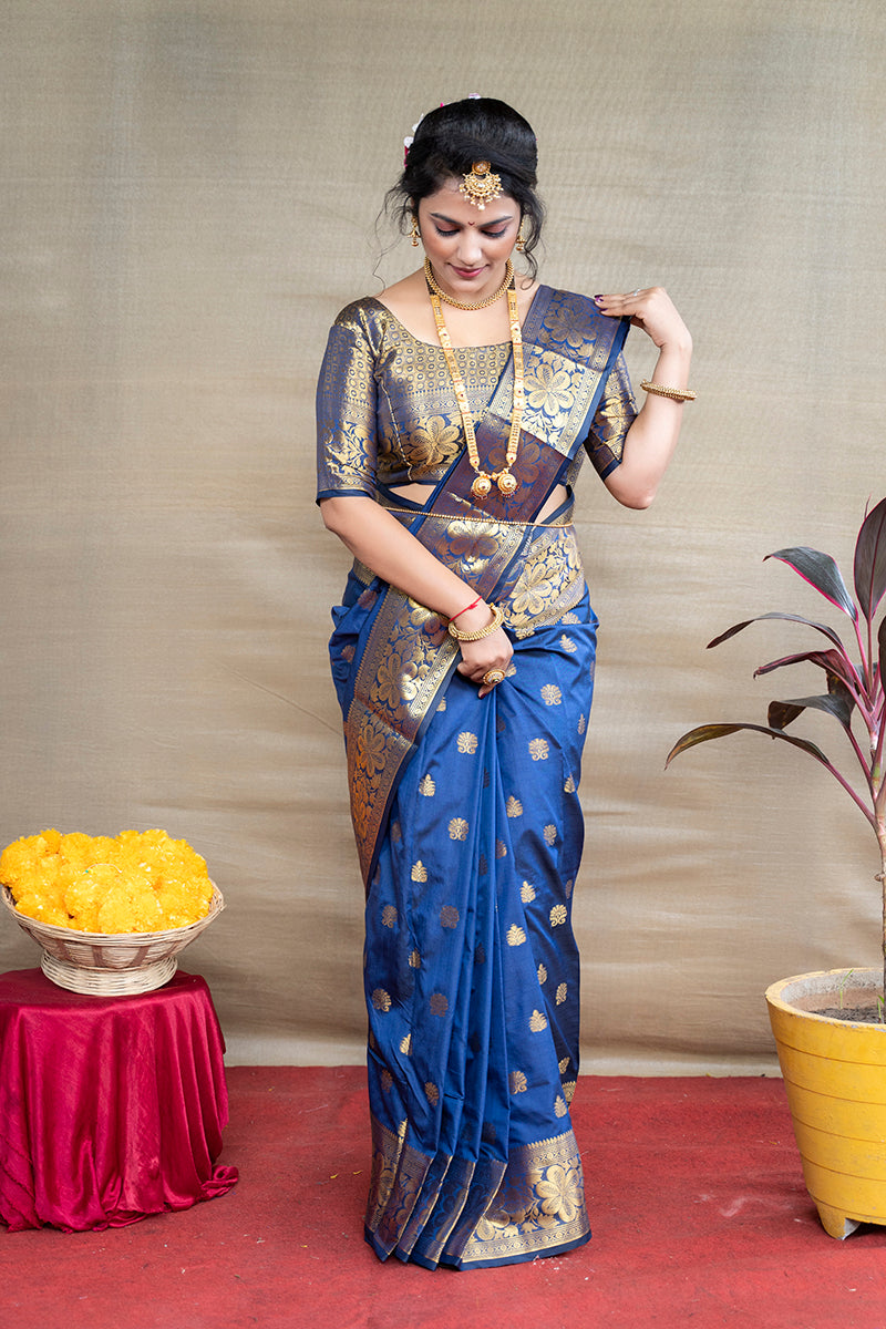 Monjolika Fashion Royal Blue Banarasi Silk Blend Saree With Golden Zari Work | Grocsy