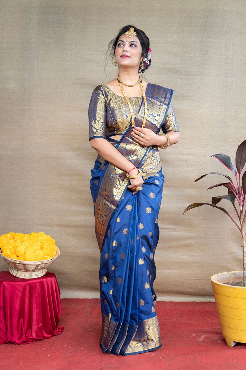 Monjolika Fashion Royal Blue Banarasi Silk Blend Saree With Golden Zari Work | Grocsy