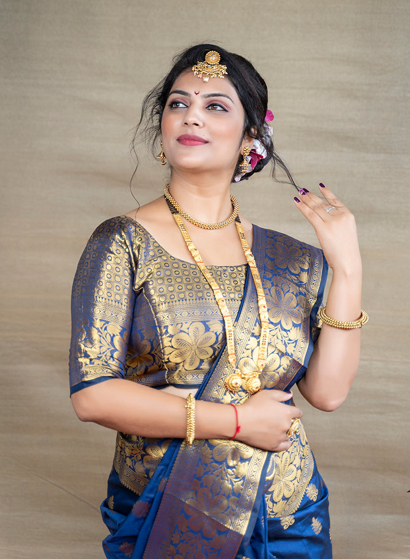 Monjolika Fashion Royal Blue Banarasi Silk Blend Saree With Golden Zari Work | Grocsy