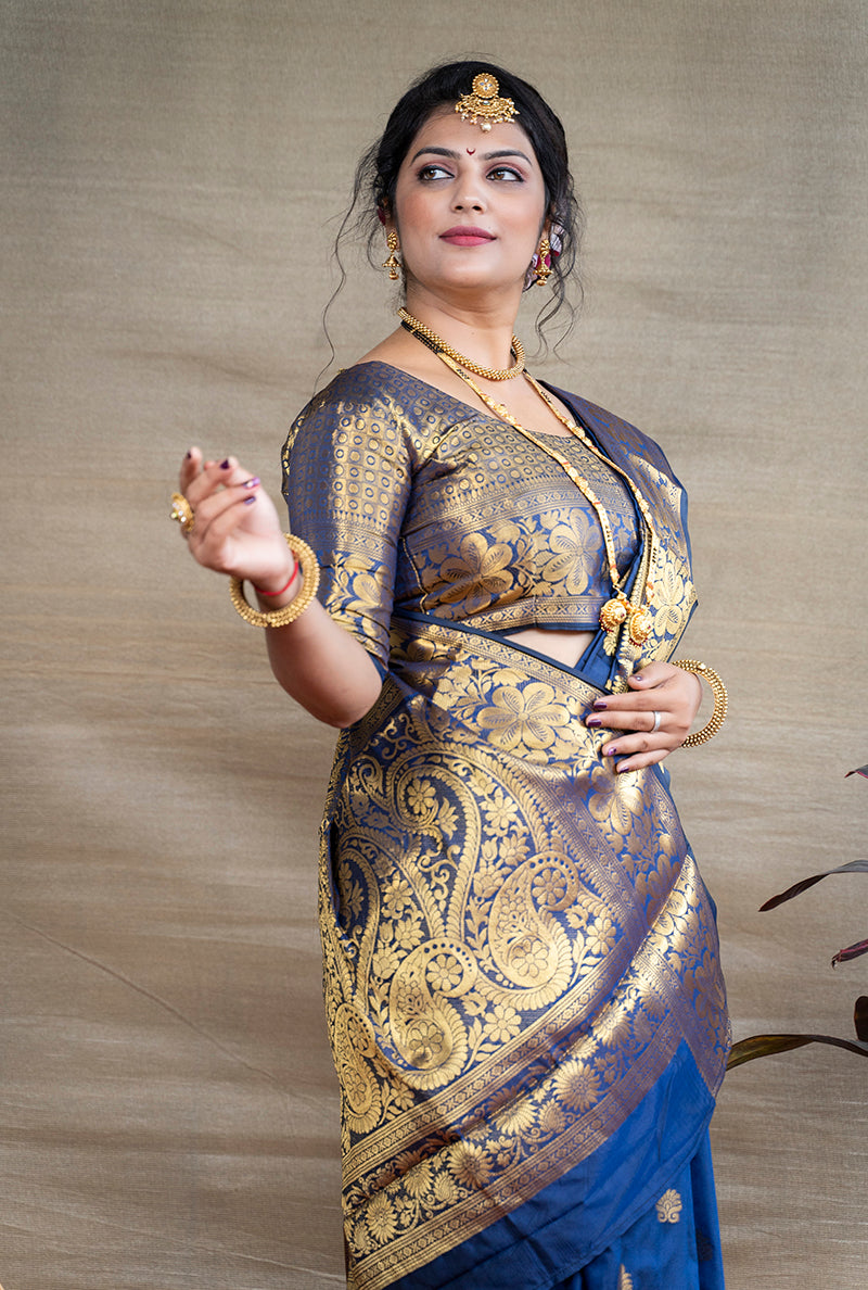 Monjolika Fashion Royal Blue Banarasi Silk Blend Saree With Golden Zari Work | Grocsy