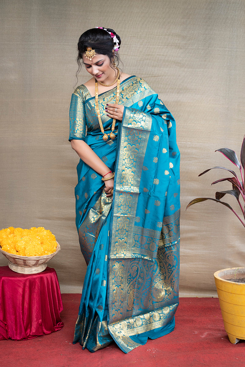 Monjolika Fashion Aqua Blue Banarasi Silk Blend Saree With Golden Zari Work | Grocsy