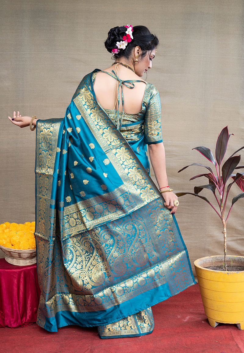 Monjolika Fashion Aqua Blue Banarasi Silk Blend Saree With Golden Zari Work | Grocsy