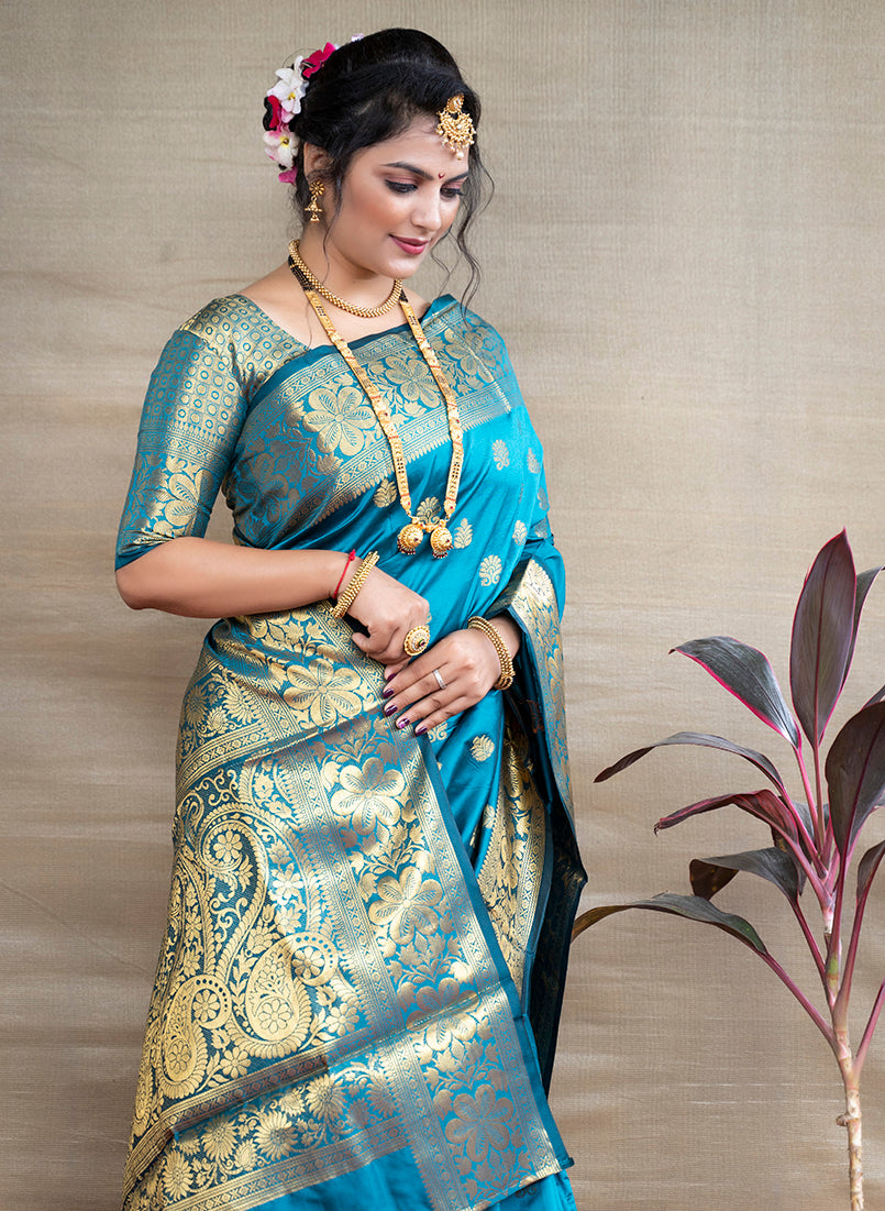 Monjolika Fashion Aqua Blue Banarasi Silk Blend Saree With Golden Zari Work | Grocsy