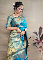 Monjolika Fashion Aqua Blue Banarasi Silk Blend Saree With Golden Zari Work | Grocsy