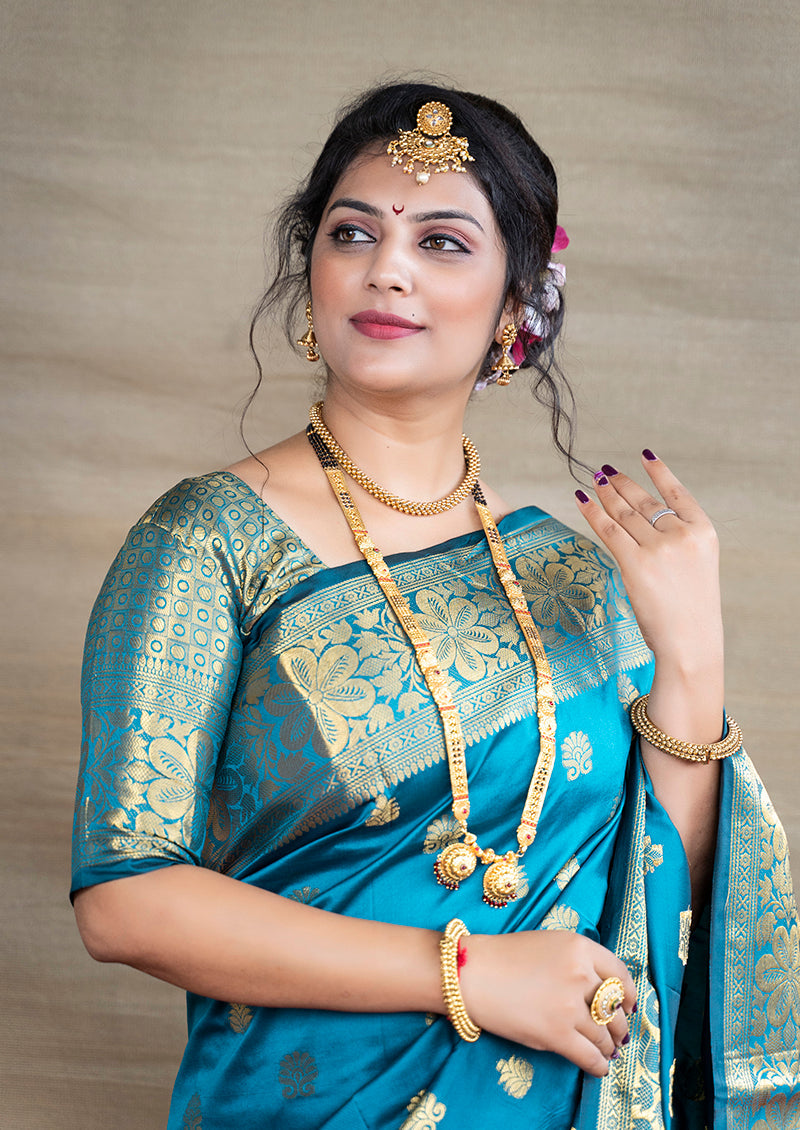 Monjolika Fashion Aqua Blue Banarasi Silk Blend Saree With Golden Zari Work | Grocsy