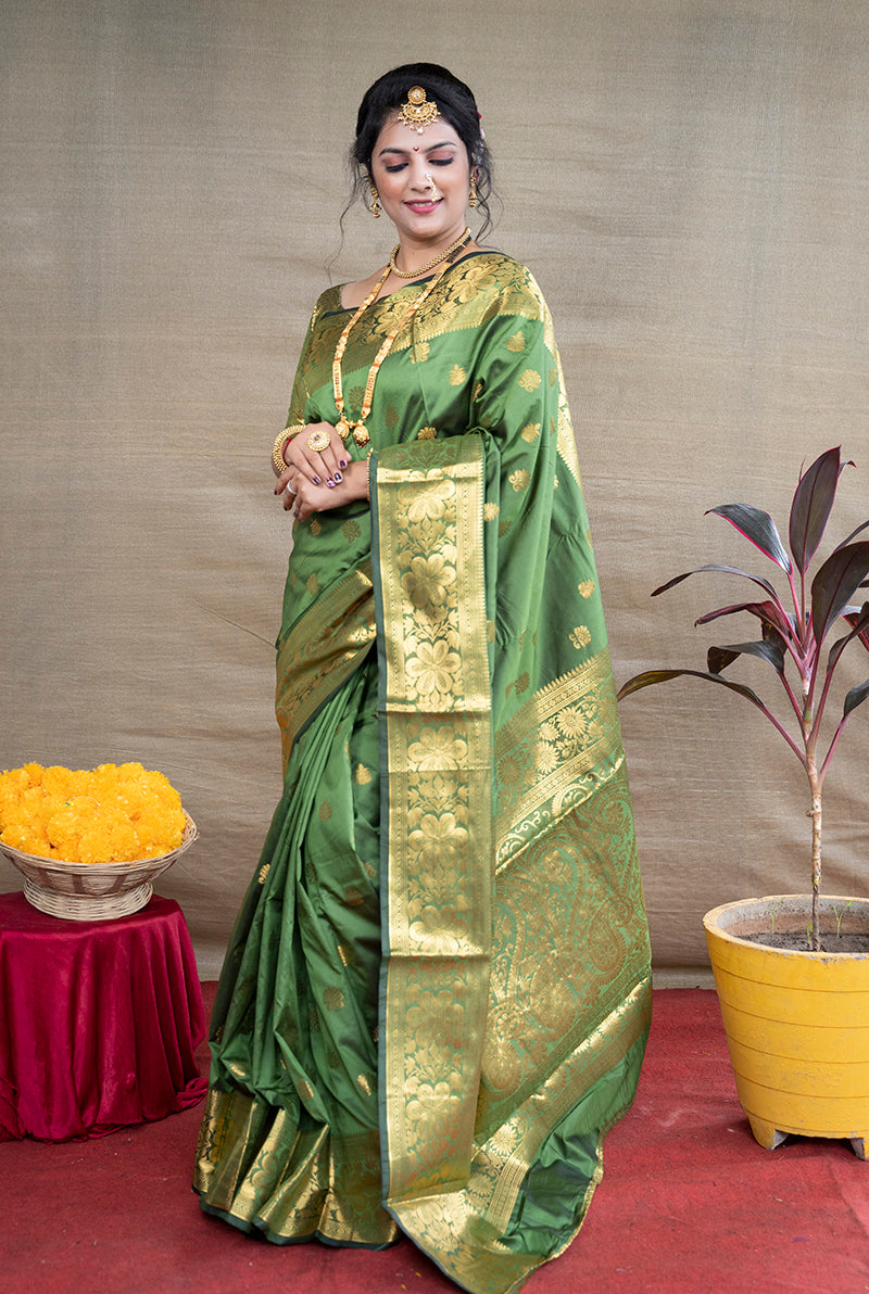 Monjolika Fashion Green Banarasi Silk Blend Saree With Golden Zari Work | Grocsy