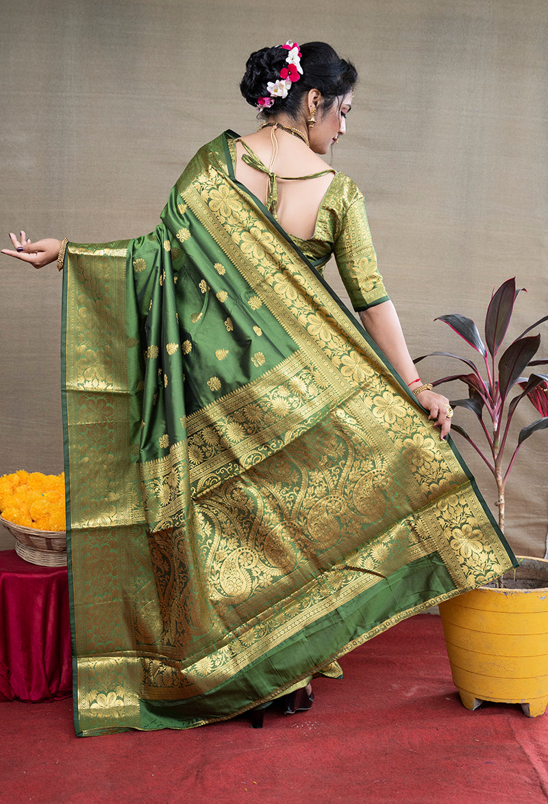 Monjolika Fashion Green Banarasi Silk Blend Saree With Golden Zari Work | Grocsy