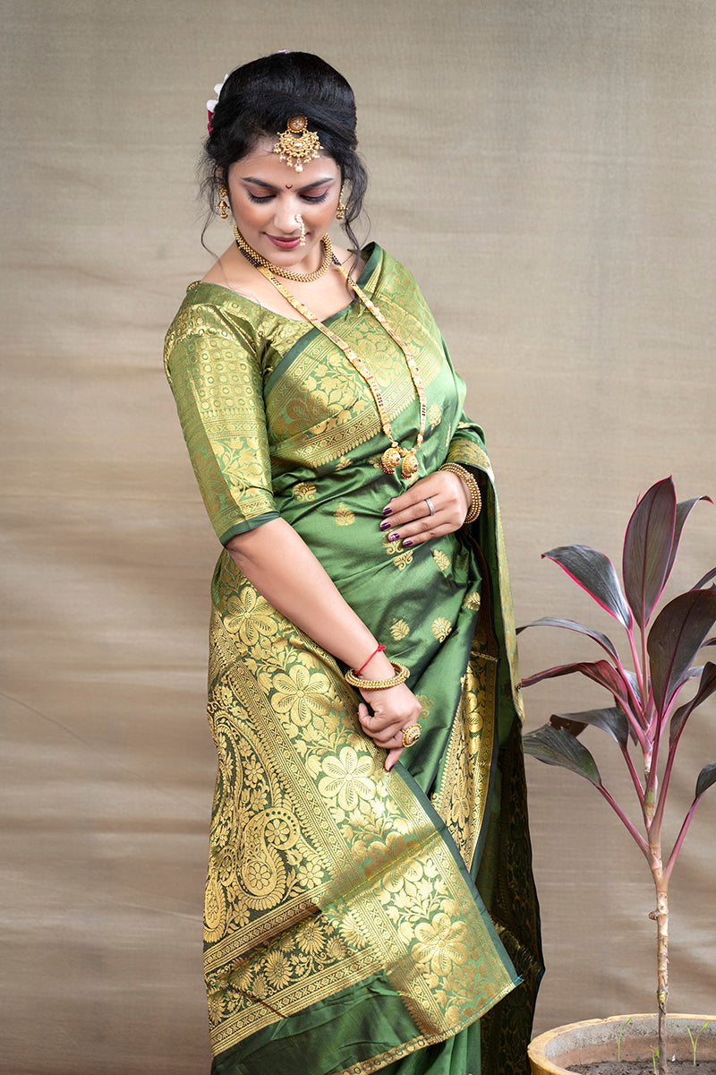Monjolika Fashion Green Banarasi Silk Blend Saree With Golden Zari Work | Grocsy