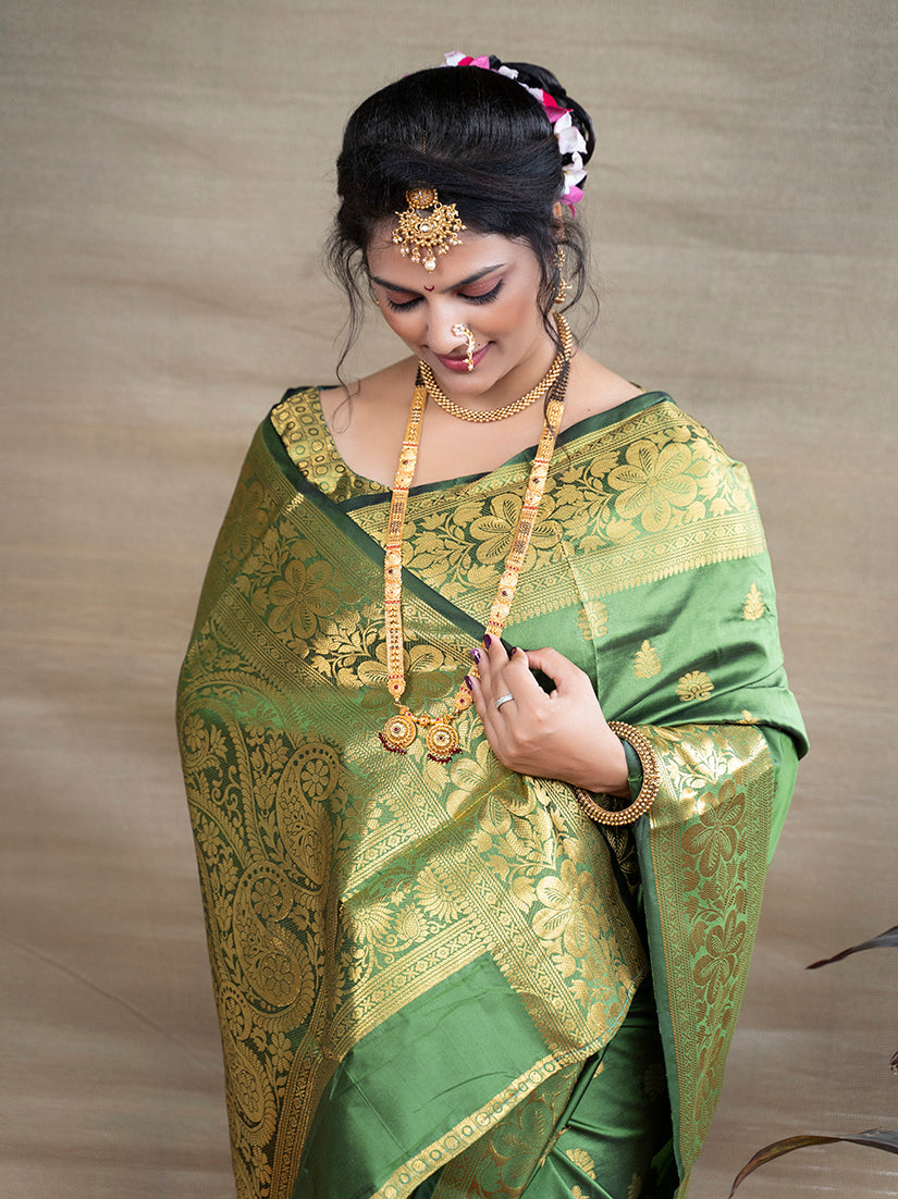 Monjolika Fashion Green Banarasi Silk Blend Saree With Golden Zari Work | Grocsy