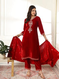 Yufta Velvet Maroon Kurta Dupatta Set With Embroidery | Grocsy