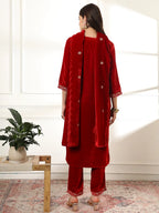 Yufta Velvet Maroon Kurta Dupatta Set With Embroidery | Grocsy