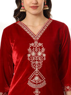 Yufta Velvet Maroon Kurta Dupatta Set With Embroidery | Grocsy