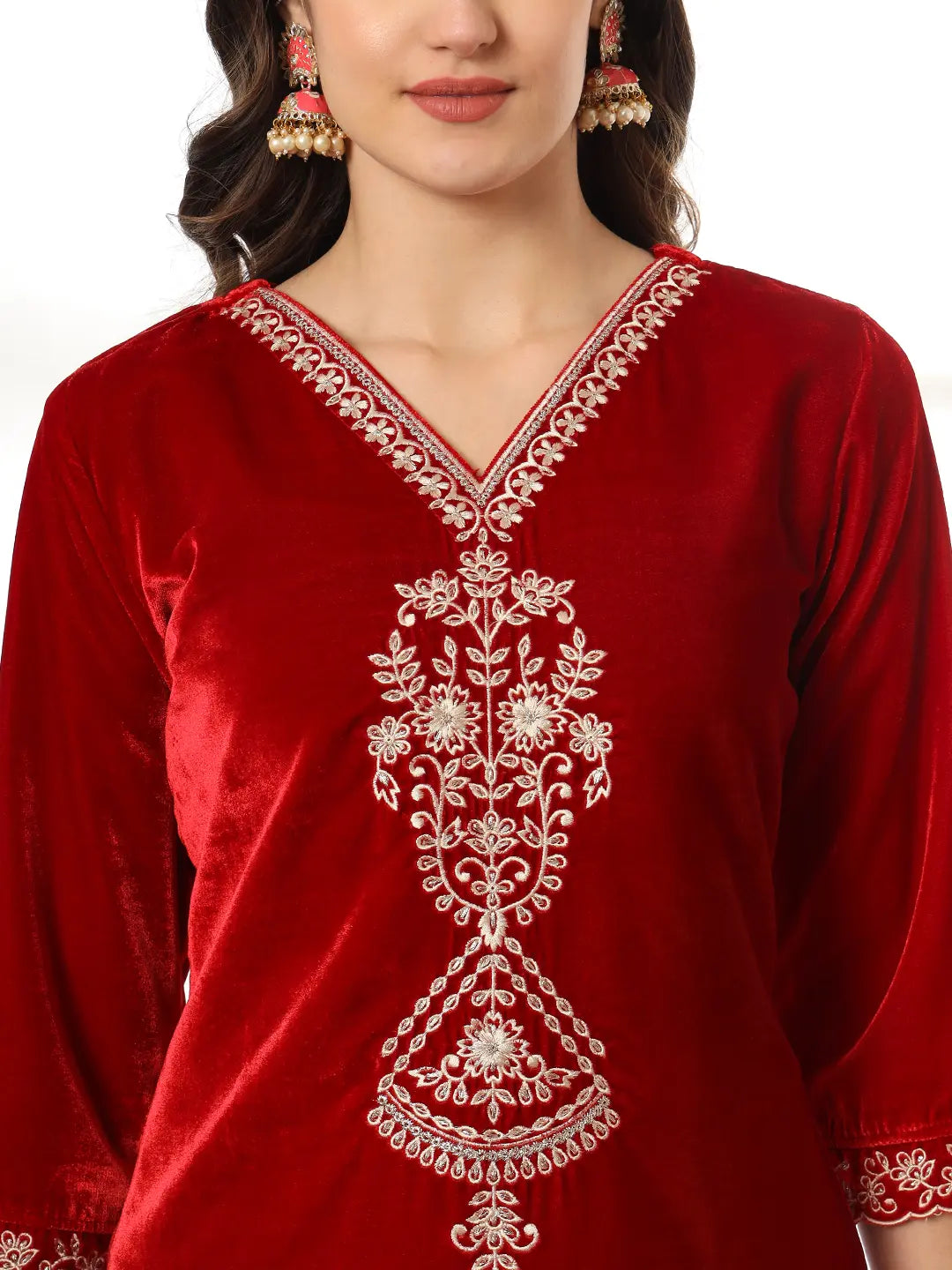 Yufta Velvet Maroon Kurta Dupatta Set With Embroidery | Grocsy