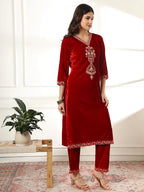 Yufta Velvet Maroon Kurta Dupatta Set With Embroidery | Grocsy