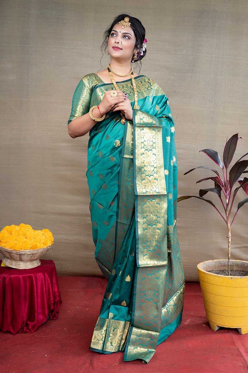 Monjolika Fashion Turquoise Banarasi Silk Blend Saree With Golden Zari Work | Grocsy
