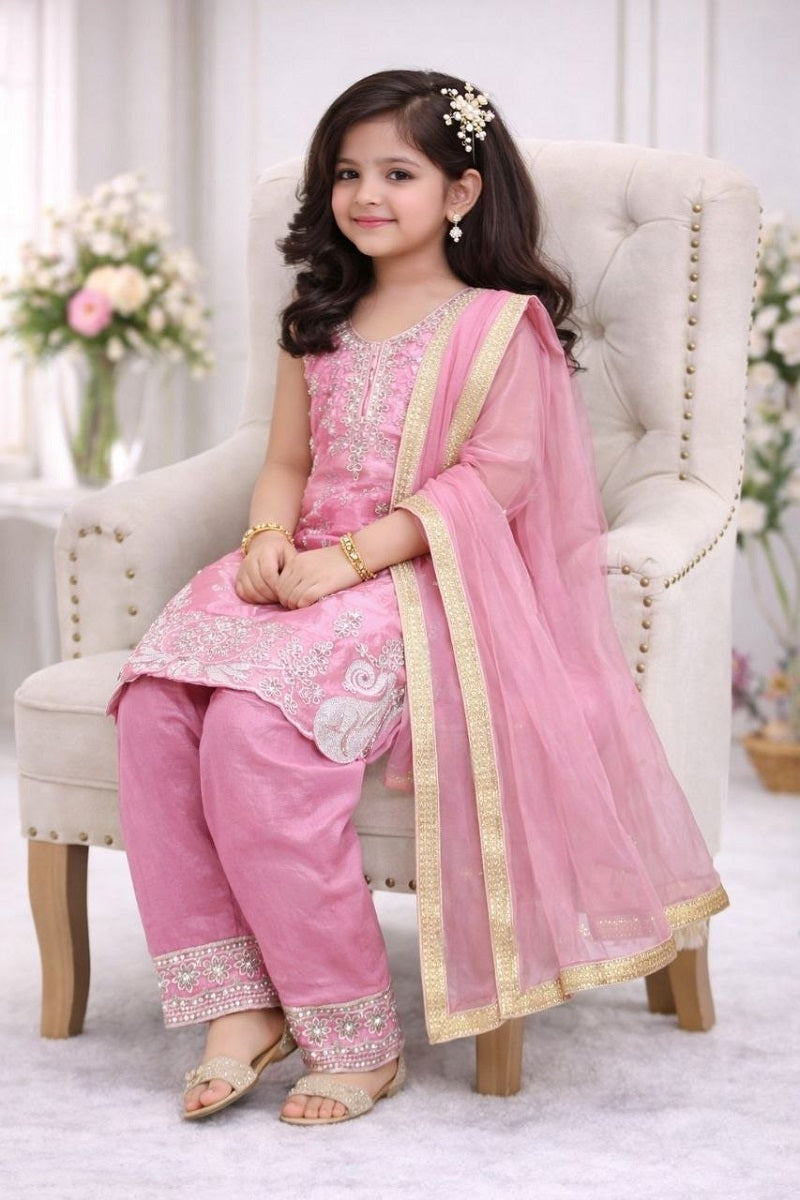 Evanik Pink Embroidered Sequence Work Fendy Silk Kids Kurta Set | Grocsy