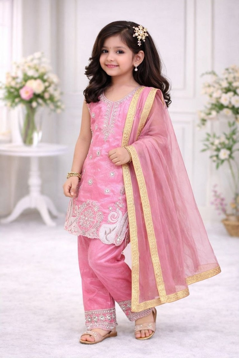 Evanik Pink Embroidered Sequence Work Fendy Silk Kids Kurta Set | Grocsy