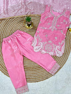 Evanik Pink Embroidered Sequence Work Fendy Silk Kids Kurta Set | Grocsy