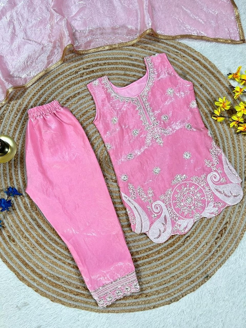Evanik Pink Embroidered Sequence Work Fendy Silk Kids Kurta Set | Grocsy