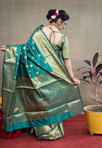 Monjolika Fashion Turquoise Banarasi Silk Blend Saree With Golden Zari Work | Grocsy