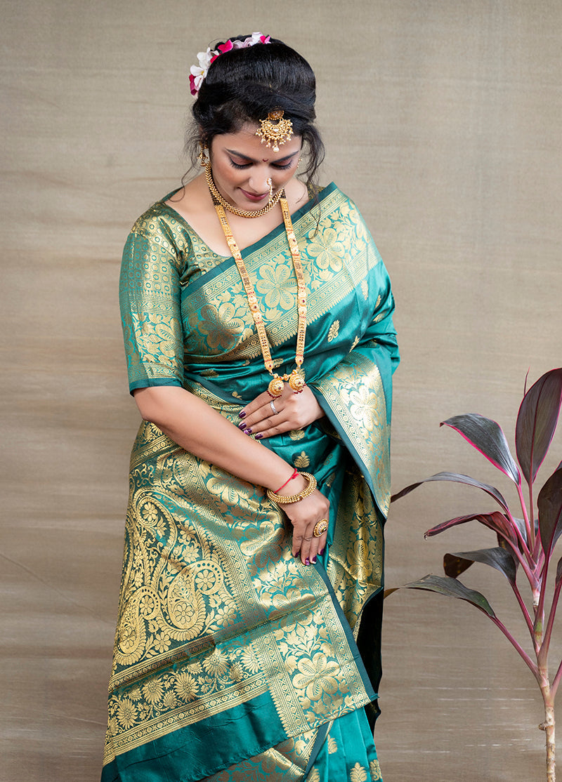 Monjolika Fashion Turquoise Banarasi Silk Blend Saree With Golden Zari Work | Grocsy