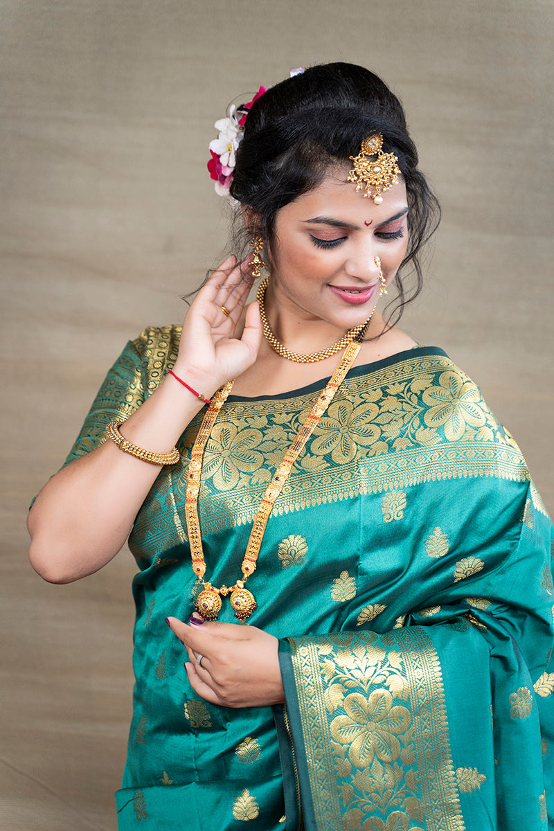 Monjolika Fashion Turquoise Banarasi Silk Blend Saree With Golden Zari Work | Grocsy
