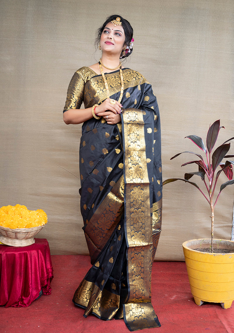 Monjolika Fashion Black Banarasi Silk Blend Saree With Golden Zari Work | Grocsy