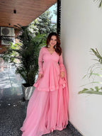 Yash Enterprise Pink Blooming Silk Party Wear Sharara Suit Set | Grocsy
