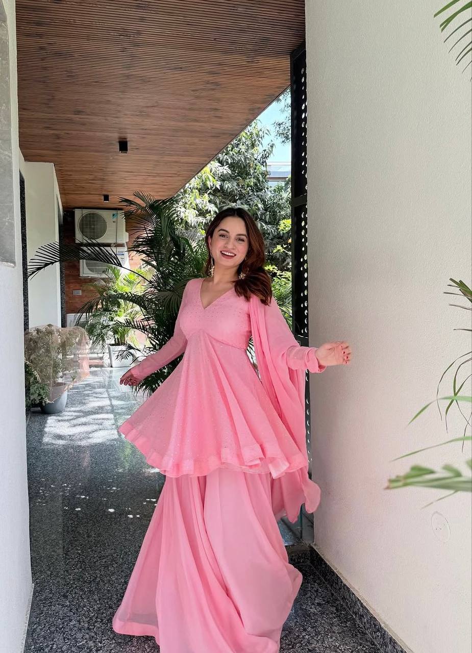 Yash Enterprise Pink Blooming Silk Party Wear Sharara Suit Set | Grocsy