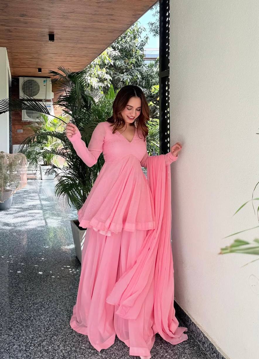 Yash Enterprise Pink Blooming Silk Party Wear Sharara Suit Set | Grocsy