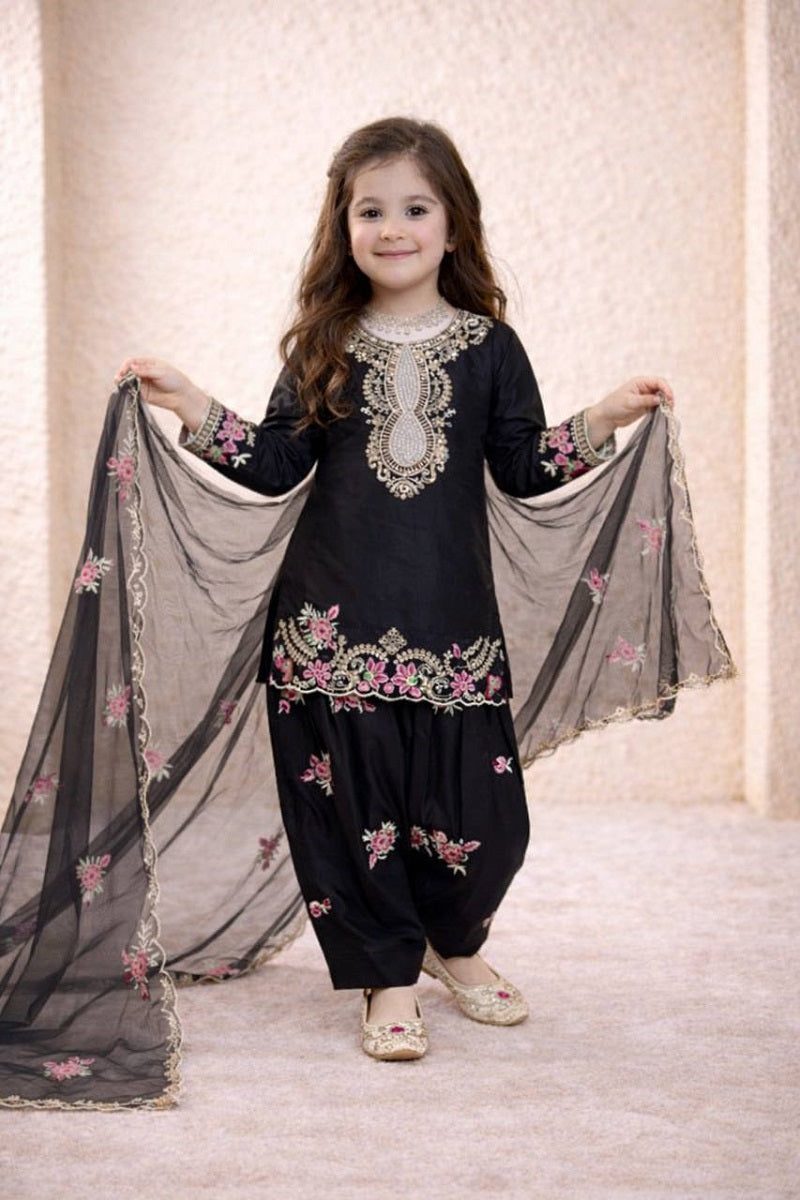 Evanik Black Designer Party Wear Heavy Natural Crep Kids Patiala Set | Grocsy